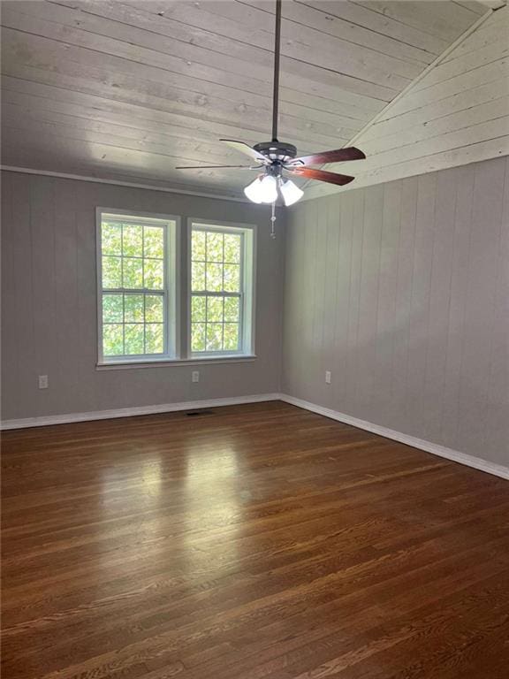 unfurnished room with lofted ceiling, wooden walls, dark hardwood / wood-style floors, and wooden ceiling