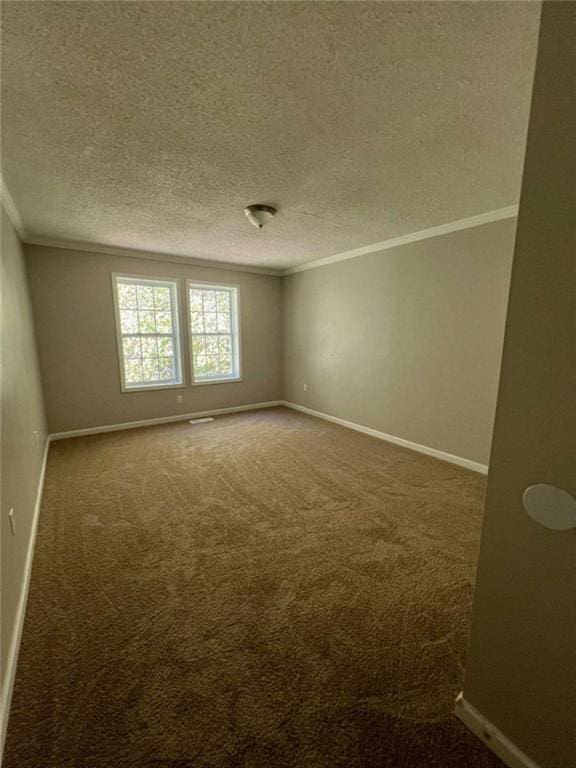 spare room featuring carpet, a textured ceiling, and ornamental molding