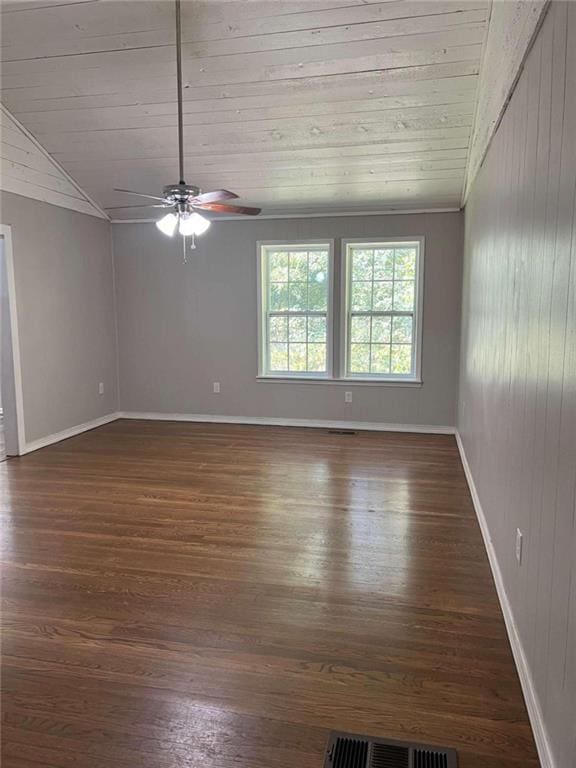 unfurnished room featuring lofted ceiling, ceiling fan, dark hardwood / wood-style flooring, wooden ceiling, and wood walls