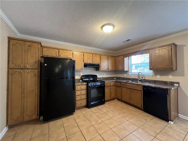 kitchen with black appliances, ornamental molding, light tile patterned flooring, a textured ceiling, and sink