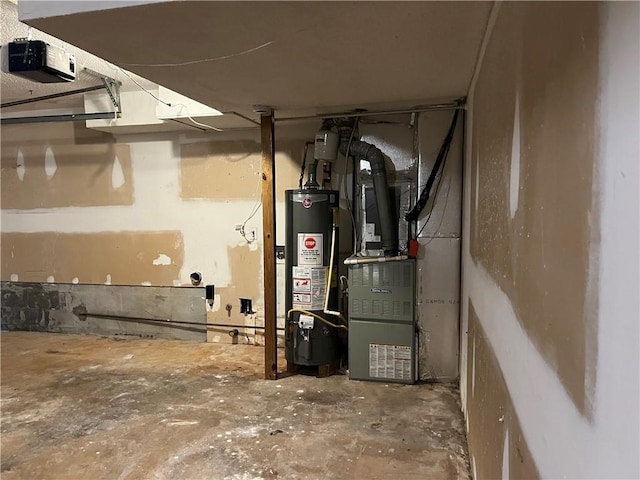 utility room with gas water heater and heating unit