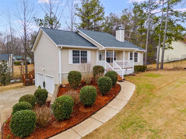 ranch-style home featuring a garage, covered porch, a chimney, and roof with shingles