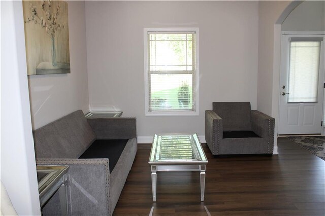 2647 Old Snapping Shoals Rd, Mcdonough, GA 30252 - living area with dark wood-type flooring, arched walkways, and baseboards