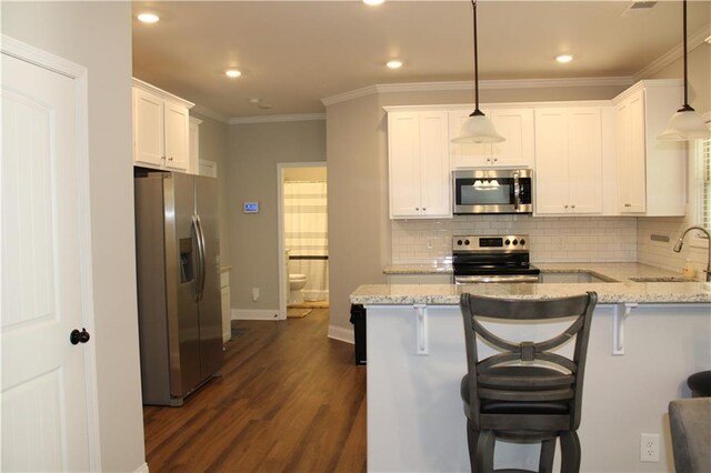2647 Old Snapping Shoals Rd, Mcdonough, GA 30252 - kitchen featuring appliances with stainless steel finishes, a sink, dark wood-type flooring, white cabinets, and crown molding