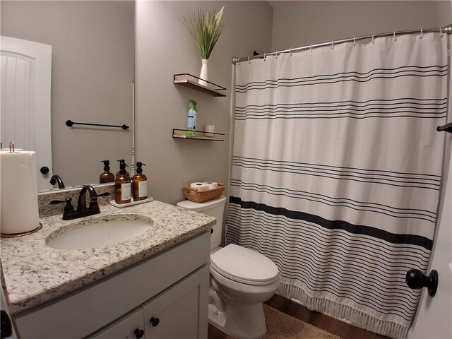 2647 Old Snapping Shoals Rd, Mcdonough, GA 30252 - bathroom with vanity, toilet, a shower with curtain, and wood finished floors
