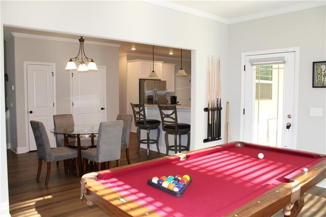 2647 Old Snapping Shoals Rd, Mcdonough, GA 30252 - recreation room featuring dark wood-style flooring, crown molding, billiards table, a chandelier, and baseboards