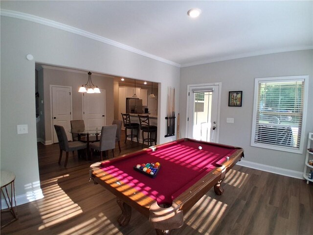 2647 Old Snapping Shoals Rd, Mcdonough, GA 30252 - playroom with dark wood-type flooring, pool table, a chandelier, and ornamental molding