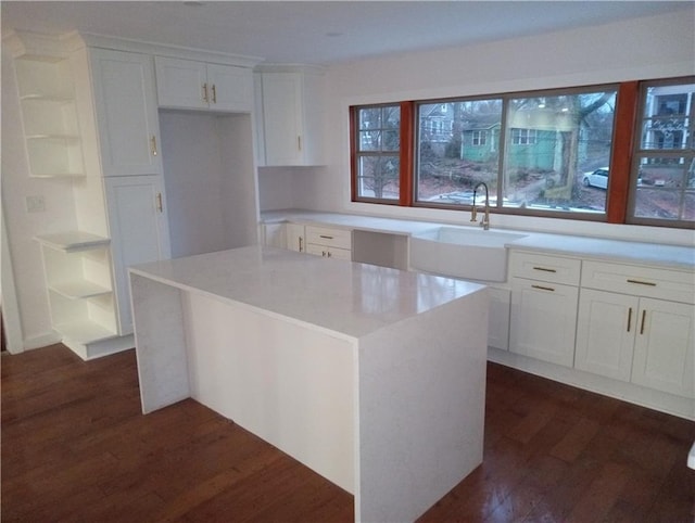 kitchen with dark wood-style floors, white cabinets, a sink, and open shelves