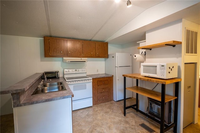 67 Dixie Park Rd, Rome, GA 30165 - kitchen with white appliances, ventilation hood, brown cabinets, a peninsula, and dark countertops