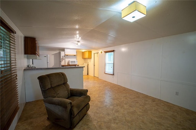 67 Dixie Park Rd, Rome, GA 30165 - living room featuring vaulted ceiling, a textured ceiling, and washer / clothes dryer
