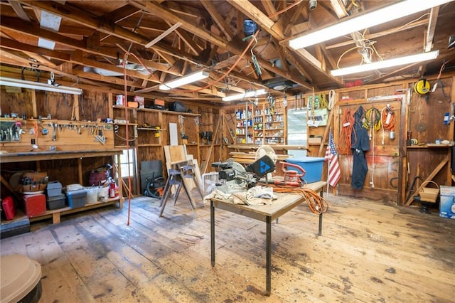 67 Dixie Park Rd, Rome, GA 30165 - basement with a workshop area, hardwood / wood-style flooring, and wooden walls