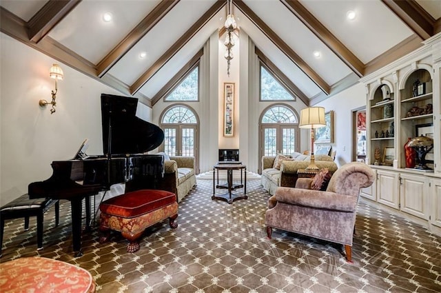 5318 Brooke Farm Dr, Dunwoody, GA 30338 - living area with beam ceiling, high vaulted ceiling, and built in shelves