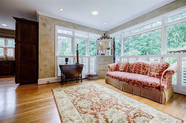 5318 Brooke Farm Dr, Dunwoody, GA 30338 - living area featuring ornamental molding, wood finished floors, baseboards, and recessed lighting