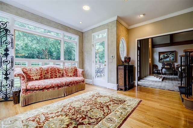 5318 Brooke Farm Dr, Dunwoody, GA 30338 - living area featuring wood finished floors, crown molding, baseboards, and recessed lighting
