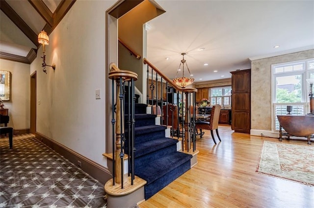 5318 Brooke Farm Dr, Dunwoody, GA 30338 - stairs featuring baseboards, crown molding, wood finished floors, and recessed lighting
