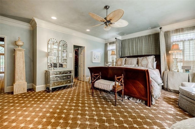 5318 Brooke Farm Dr, Dunwoody, GA 30338 - bedroom featuring baseboards, recessed lighting, crown molding, and a ceiling fan