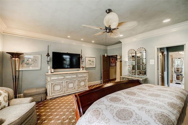 5318 Brooke Farm Dr, Dunwoody, GA 30338 - bedroom with crown molding, a ceiling fan, dark carpet, recessed lighting, and baseboards