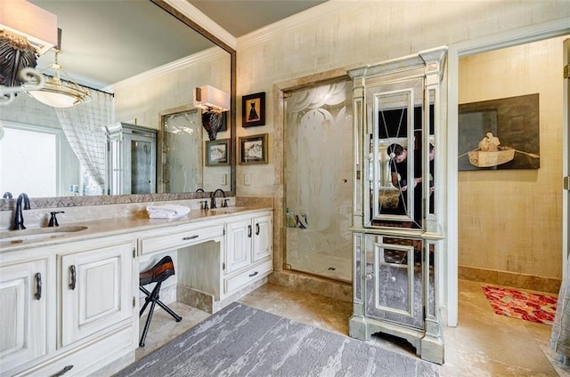 5318 Brooke Farm Dr, Dunwoody, GA 30338 - full bath featuring crown molding, double vanity, and a shower stall