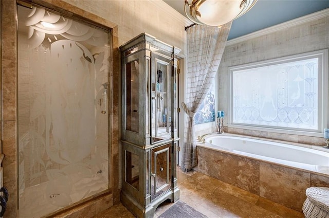 5318 Brooke Farm Dr, Dunwoody, GA 30338 - full bathroom with a bath, crown molding, and a shower