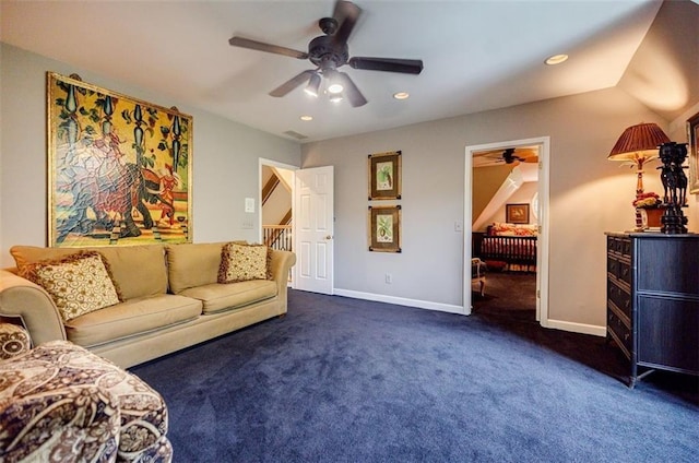 5318 Brooke Farm Dr, Dunwoody, GA 30338 - living room with a ceiling fan, dark colored carpet, baseboards, and recessed lighting