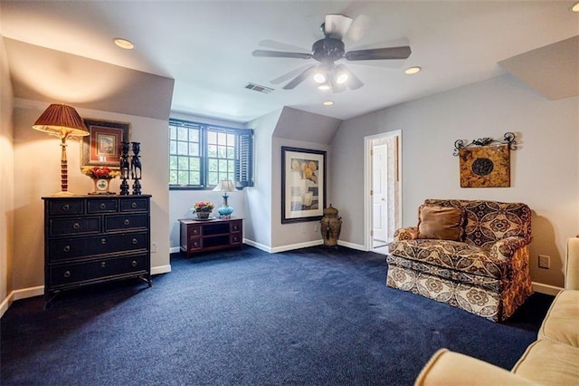 5318 Brooke Farm Dr, Dunwoody, GA 30338 - sitting room with dark colored carpet, baseboards, ceiling fan, recessed lighting, and vaulted ceiling
