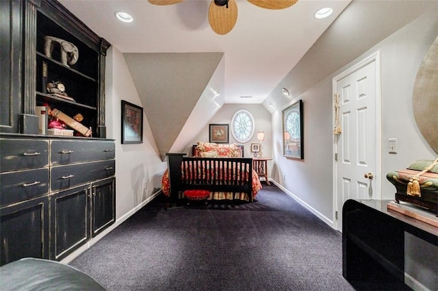 5318 Brooke Farm Dr, Dunwoody, GA 30338 - carpeted bedroom featuring baseboards, vaulted ceiling, and ceiling fan