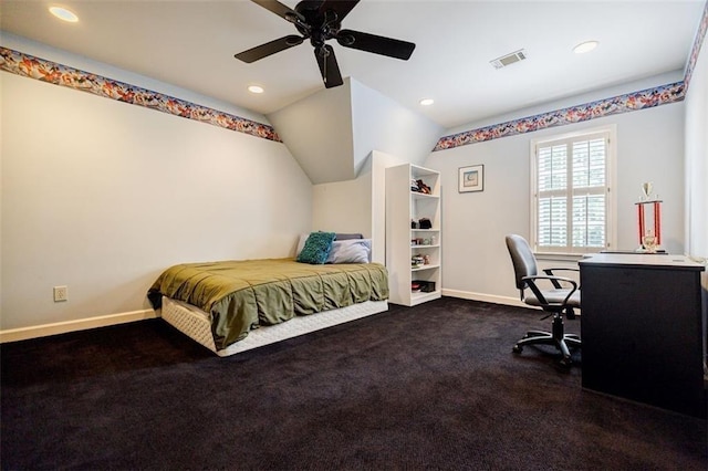 5318 Brooke Farm Dr, Dunwoody, GA 30338 - bedroom with baseboards, recessed lighting, dark carpet, a desk, and a ceiling fan