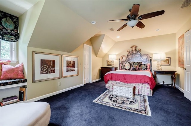 5318 Brooke Farm Dr, Dunwoody, GA 30338 - carpeted bedroom with baseboards, a ceiling fan, and lofted ceiling