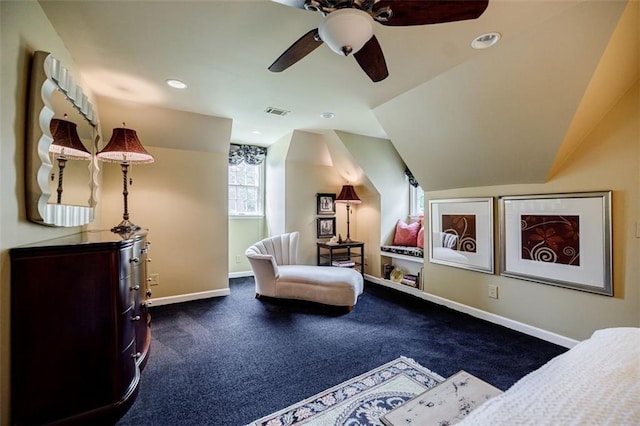 5318 Brooke Farm Dr, Dunwoody, GA 30338 - bedroom featuring baseboards, dark colored carpet, vaulted ceiling, ceiling fan, and recessed lighting