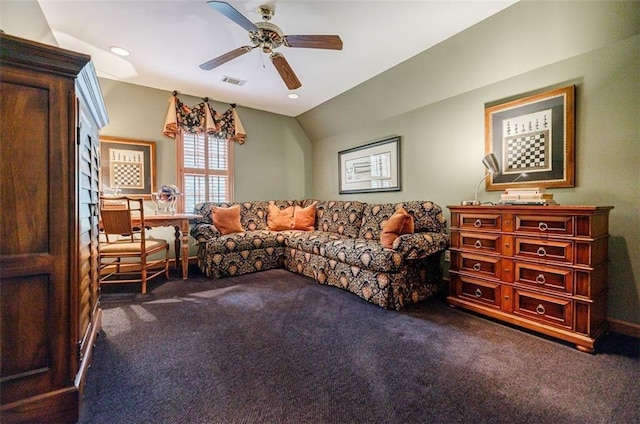5318 Brooke Farm Dr, Dunwoody, GA 30338 - carpeted living area featuring a ceiling fan and recessed lighting