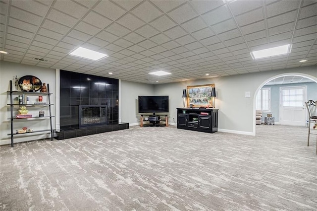 5318 Brooke Farm Dr, Dunwoody, GA 30338 - living area with a fireplace, carpet, baseboards, and a paneled ceiling