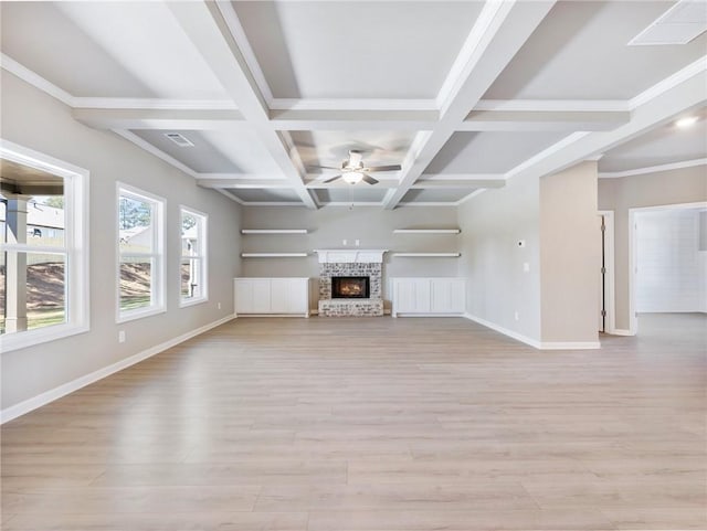 unfurnished living room featuring coffered ceiling, beam ceiling, light hardwood / wood-style floors, and ceiling fan