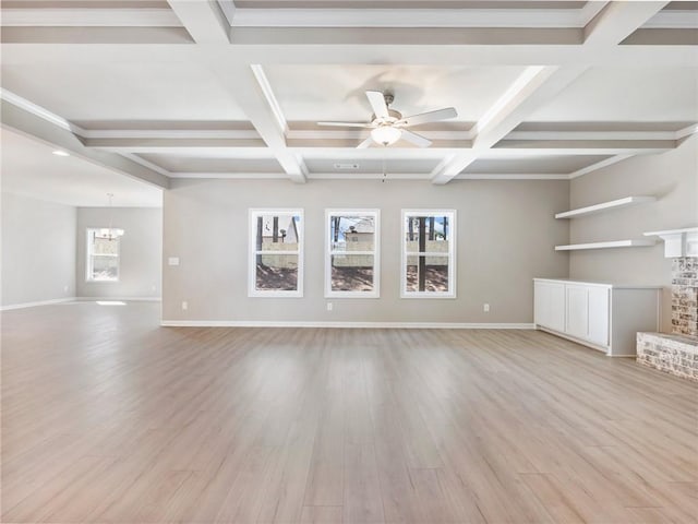 unfurnished living room with beamed ceiling, a fireplace, light hardwood / wood-style floors, and ceiling fan with notable chandelier