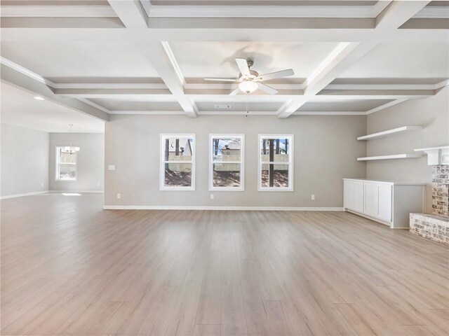 unfurnished living room with coffered ceiling, ceiling fan, light hardwood / wood-style floors, a brick fireplace, and beam ceiling