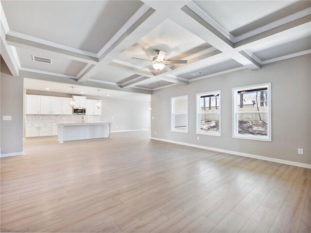 unfurnished living room with coffered ceiling, beam ceiling, light hardwood / wood-style floors, and ceiling fan