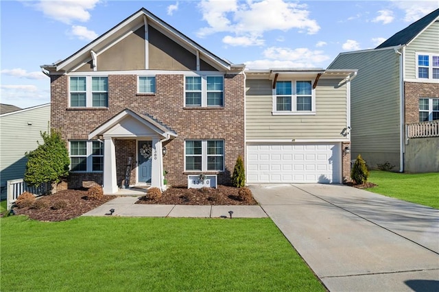 view of front facade with driveway, an attached garage, a front yard, and brick siding