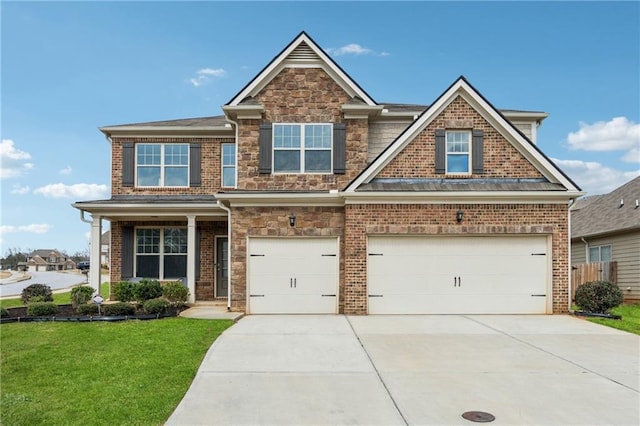 craftsman inspired home with an attached garage, stone siding, concrete driveway, and a front yard