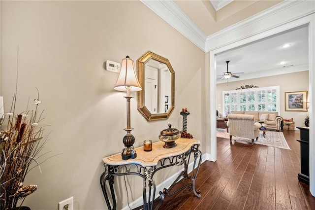 hallway featuring wood-type flooring and ornamental molding