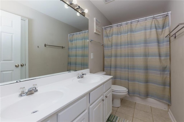 118 Brendylynn Trce, Woodstock, GA 30188 - bathroom featuring double vanity, toilet, tile patterned flooring, and a shower with shower curtain