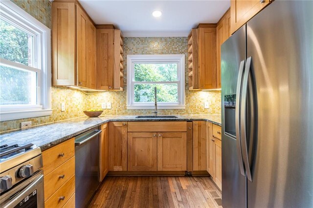 kitchen with stainless steel appliances, a sink, light stone countertops, and wood finished floors