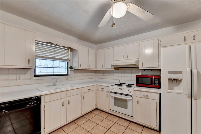 kitchen with sink, white appliances, ceiling fan, white cabinetry, and light tile patterned flooring