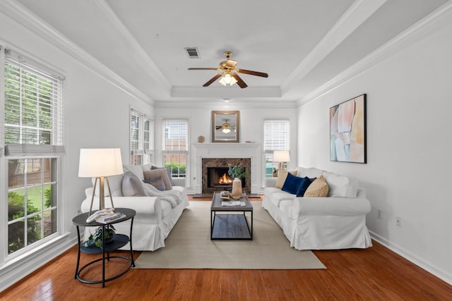 3242 Monarch Pine Dr, Peachtree Corners, GA 30071 - living area with ceiling fan, healthy amount of natural light, a raised ceiling, a premium fireplace, and crown molding