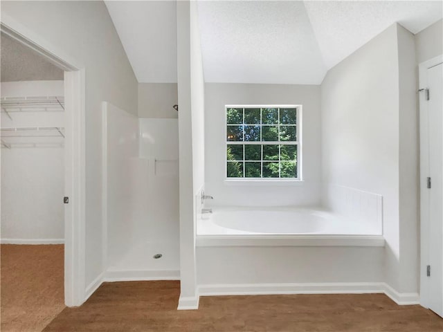 5159 Round Table Dr, Ellenwood, GA 30294 - bathroom featuring a shower stall, a bath, a spacious closet, and vaulted ceiling