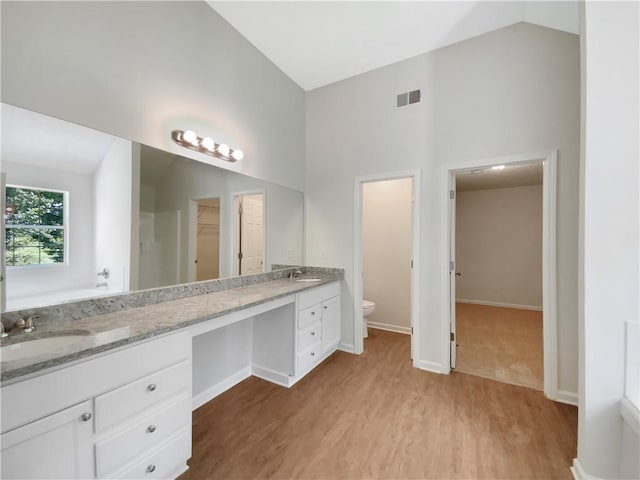 5159 Round Table Dr, Ellenwood, GA 30294 - bathroom featuring double vanity, wood finished floors, high vaulted ceiling, and a walk in closet