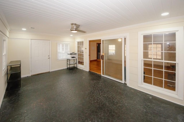 interior space featuring plenty of natural light, ceiling fan, crown molding, and recessed lighting