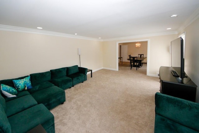 living room with recessed lighting, light colored carpet, crown molding, and baseboards