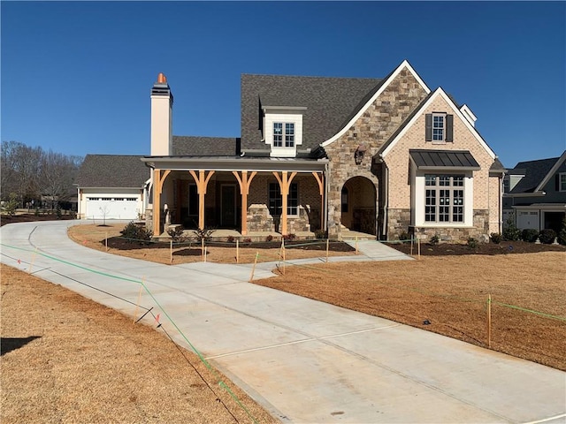 view of front of property with driveway, stone siding, a garage, and covered porch