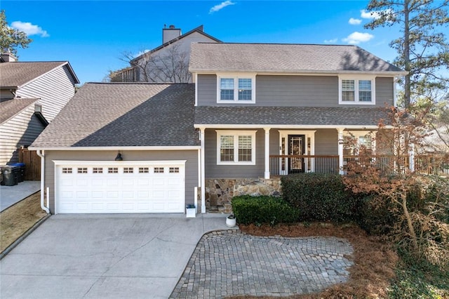 traditional-style house with roof with shingles, a chimney, concrete driveway, covered porch, and a garage