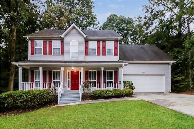 5526 Chestnut Creek Ln, Flowery Branch, GA 30542 - colonial-style house featuring covered porch, an attached garage, concrete driveway, and a front lawn