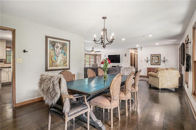 2452 Camp Mitchell Rd, Grayson, GA 30017 - dining room with dark wood-style floors, a chandelier, recessed lighting, a ceiling fan, and baseboards